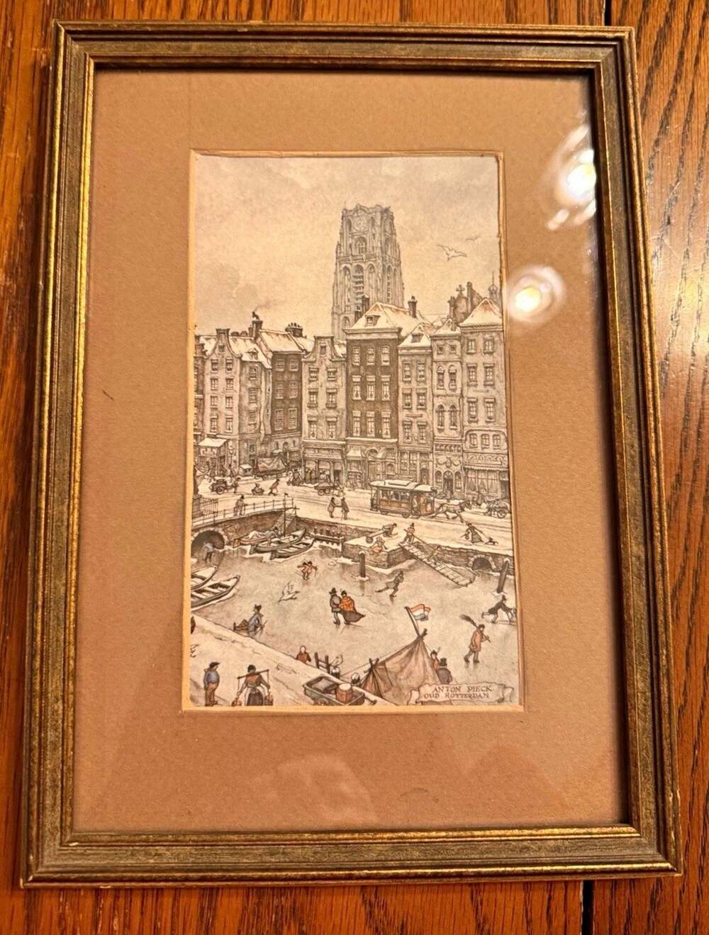 Vintage Anton Pieck Oud Rotterdam Dutch Winter Scene Framed Art Print 4x7